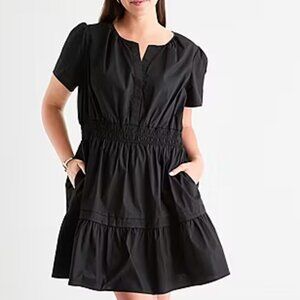 Dress 1X Black Woven Poplin Lightweight Smocked Waist Tiered Hem Plus Size NWT